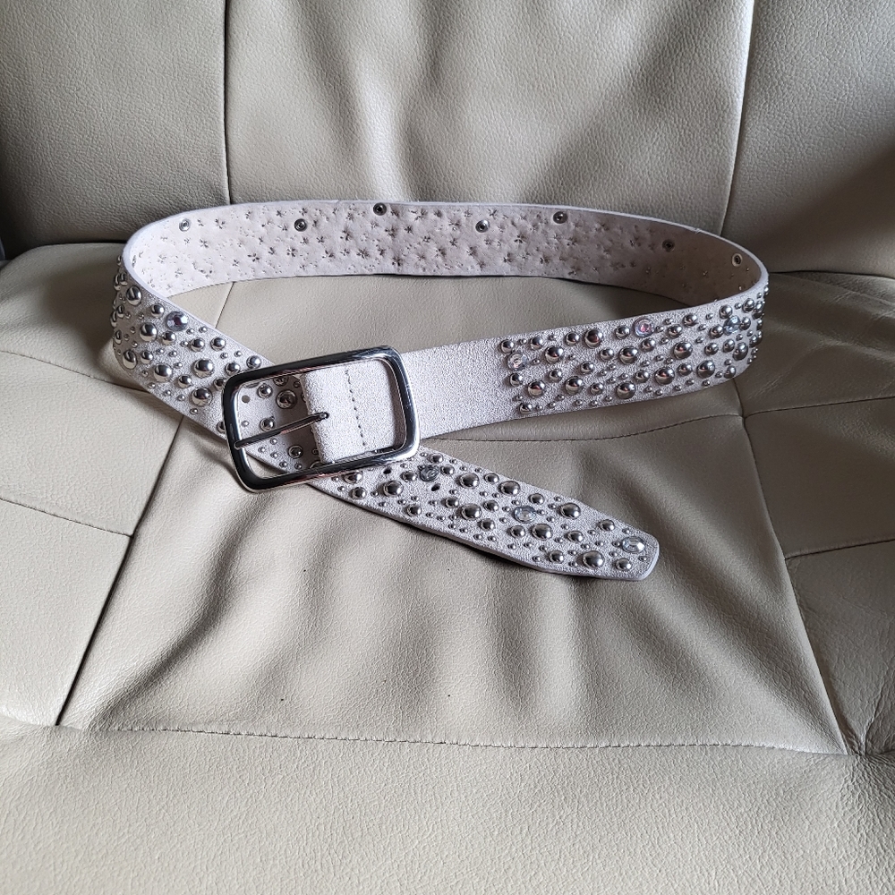 White Genuine Leather Bling Bling Belt